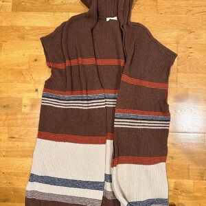 Brown Hooded Knit Vest with Stripes